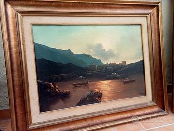 Olio su tela - cornice - M. Ray - Borgo marinaro