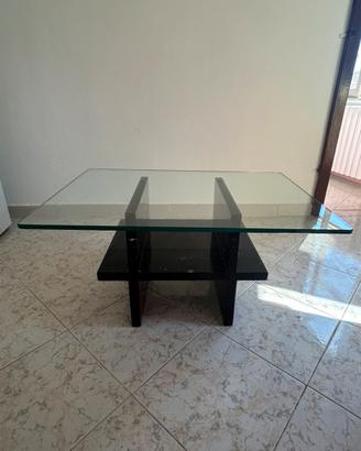 Tavolino di vetro vintage con base in marmo nero