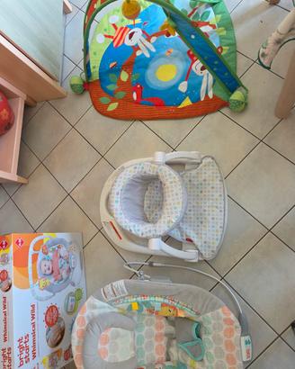 dondolo, sdraietta, tappeto giochi e seduta tavolo