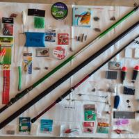 set 3 canne da pesca e attrezzatura pesca varia 