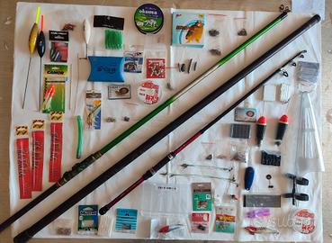 set 3 canne da pesca e attrezzatura pesca varia 