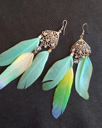 Orecchini Pendenti Piume Arcobaleno Turquoise Fili