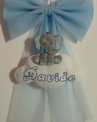 Fiocco nascita bimbo tulle elefante celeste