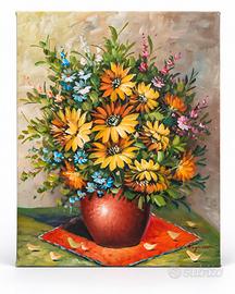 Fiori gialli in vaso rosso - olio tela 50x40