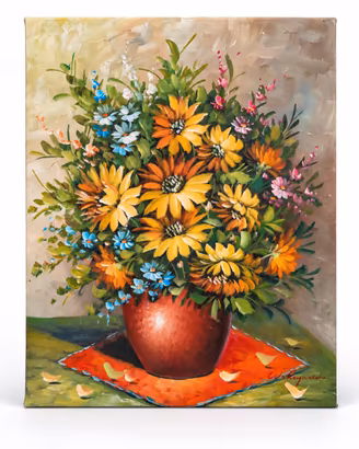 Fiori gialli in vaso rosso - olio tela 50x40