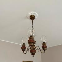 Lampadario in ottone 3 luci con vetro lavorato