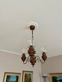 Lampadario in ottone 3 luci con vetro lavorato