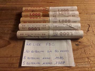20 LIRE-ANNI 1986-1988-10 ROTOLINI DA 50 PEZZI-FDC