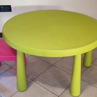 Tavolino Ikea rotondo verde con sedia fucsia