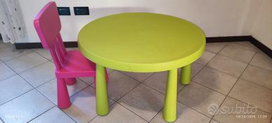 Tavolino Ikea rotondo verde con sedia fucsia