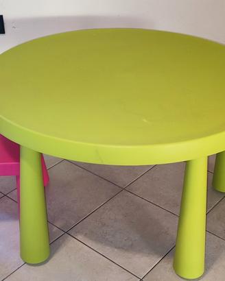 Tavolino Ikea rotondo verde con sedia fucsia
