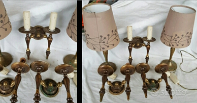 Applique ottone più lampade a olio e candelabro