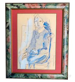 Vecchia bozza,Dipinto di una donna seduta cm 18x26