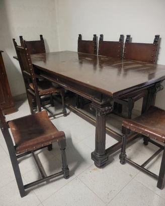 tavolo in legno  con sette sedie in pelle