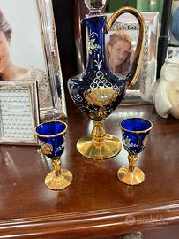 Set Liquore in Vetro di Murano Blu Cobalto e Oro