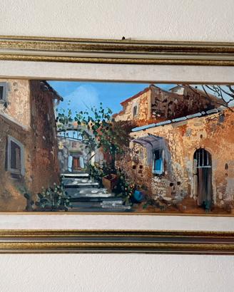 Dipinto scorcio di borgo antico-con cornice dorata