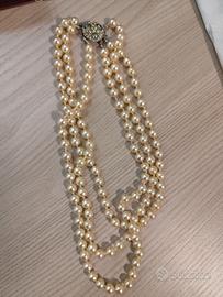 collana con 3 fili di perle e brillantini. vintage