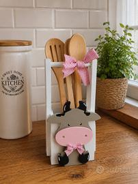 Portamestoli artigianale  legno con mucca country