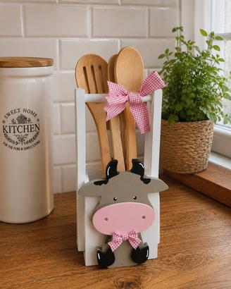 Portamestoli artigianale  legno con mucca country