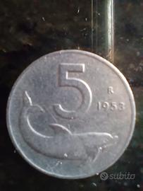 MONETA DA 5 LIRE DELFINO 1953