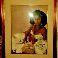 Quadro con cornice Olio Donna Nera con tre gattini