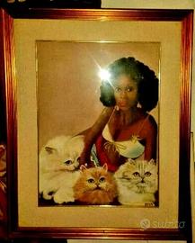 Quadro con cornice Olio Donna Nera con tre gattini