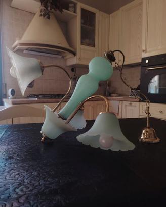 Lampadario Vintage–Vetro Satinato Verde Menta/Oro