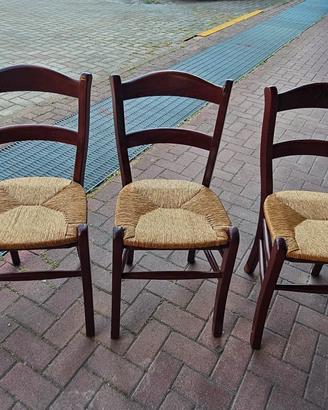 Tris di Sedie Rustiche in Legno Massello e Paglia