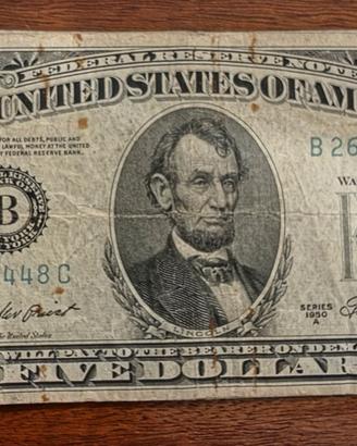 5 Dollari USA 1950 A Raro Banconota Lincoln