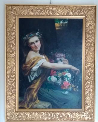 Donna con fiori olio su tela 