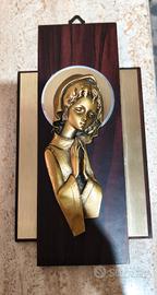 Icona Sacra Madonna vintage in Ottone e Legno
