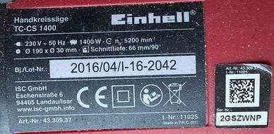 Sega Circolare Einhell TC-CS 1400 D190mm