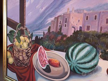 quadro olio su tela,borgo siciliano e Natura Morta