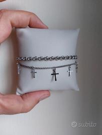 Braccialetto doppio con croci in acciaio inossidab