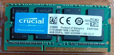 RAM Laptop Crucial 4GB DDR3L 1600MHz