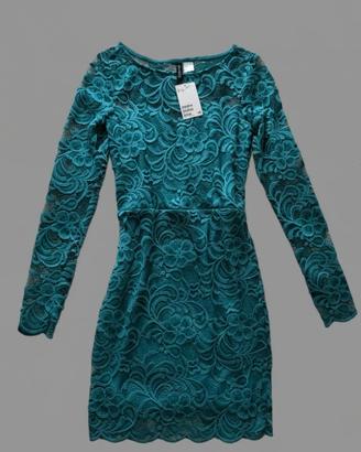 H&M abito nuovo turchese in pizzo trasparente XXS 