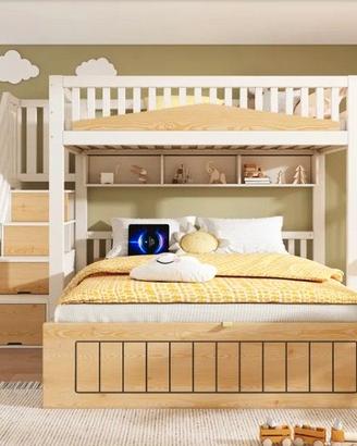 Letto a castello in legno per bambini 90x200 + 140