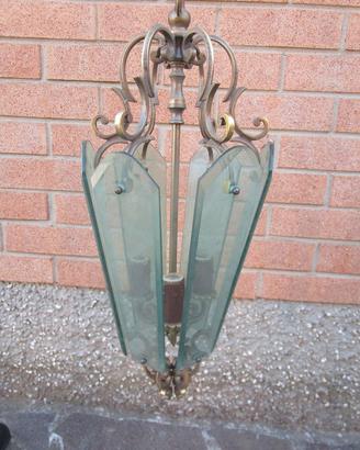 lampadario a lanterna anni 50 con vetri verdi a 3