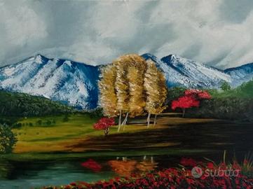 Quadro paesaggio boschivo con lago