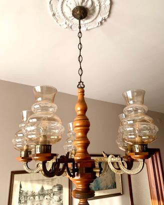 Lampadario in ottone con 6 portalampade in vetro