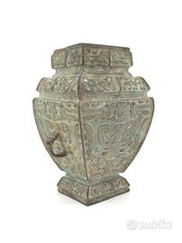 Vaso Bronzo Cinese Antico Fanghu Rituale Ca. 1900
