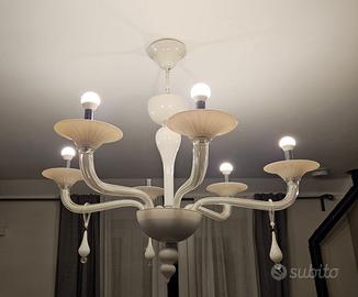Lampadario vetro 6 bracci bianco beige MURANO