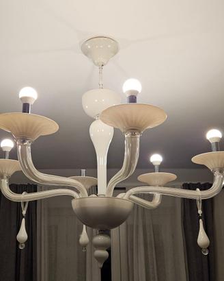Lampadario vetro 6 bracci bianco beige MURANO