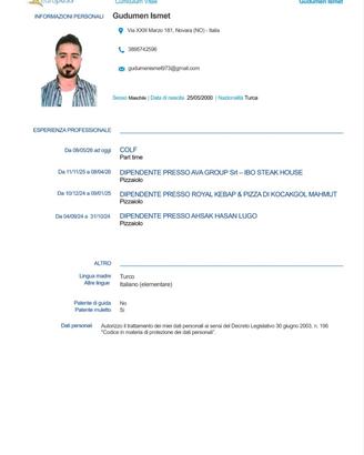 Operaio pizzaiolo ristorazione
