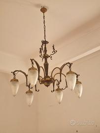 Lampadario vintage 6 luci in bronzo vetri satinati
