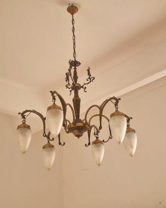 Lampadario vintage 6 luci in bronzo vetri satinati