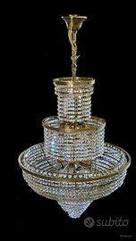 Lampadario vintage anni 80 in ottone e cristallo