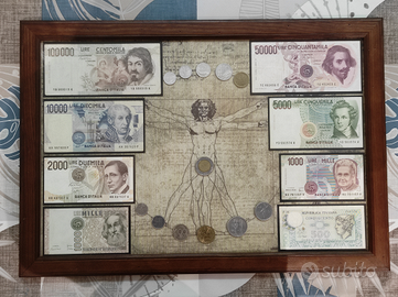 Quadro Banconote e Monete lire italiane autentiche