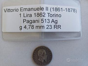 Moneta V.E.II  1 Lira 1862 Torino - R2 - Argento