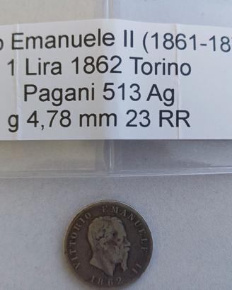 Moneta V.E.II  1 Lira 1862 Torino - R2 - Argento